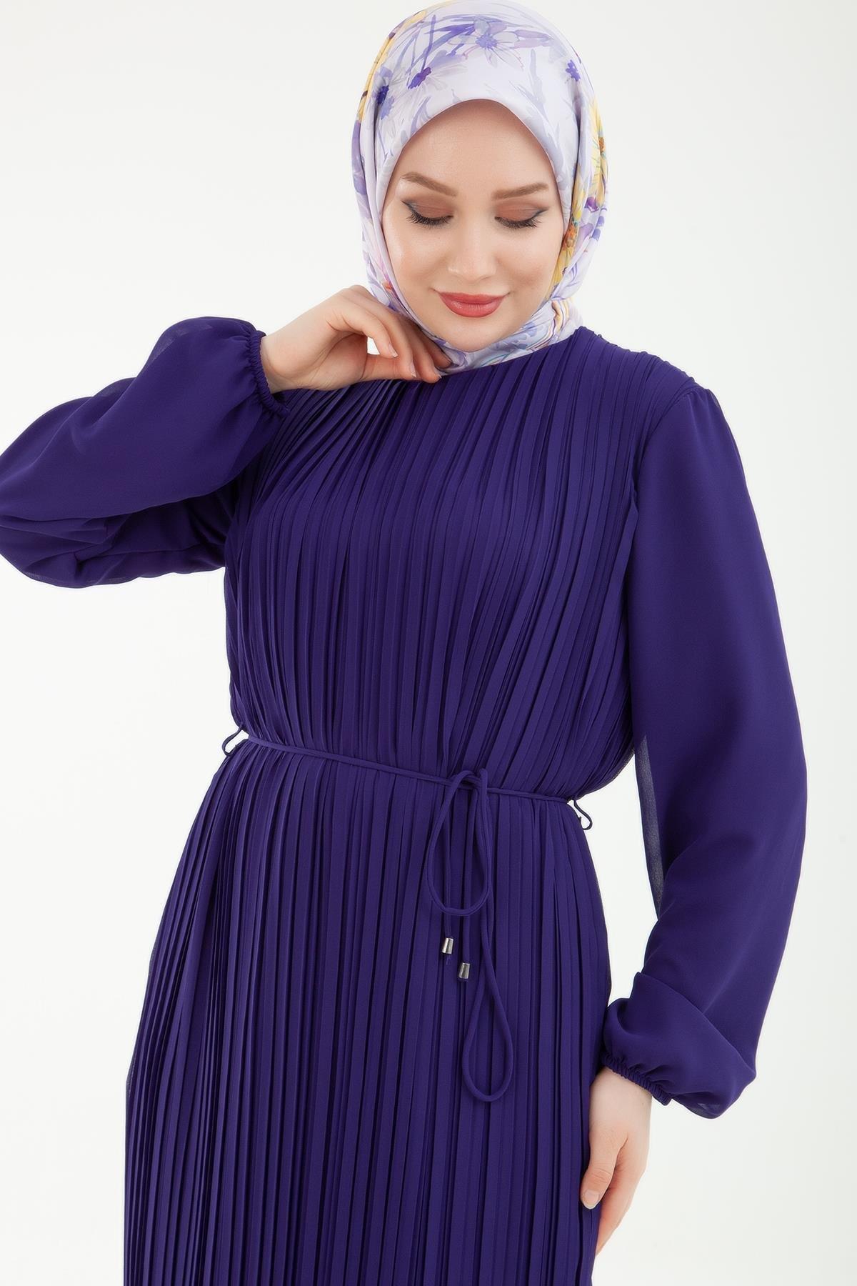 ARMİNE TREND Pilise Detaylı Kolları Lastikli Elbise Mor 23KT905
