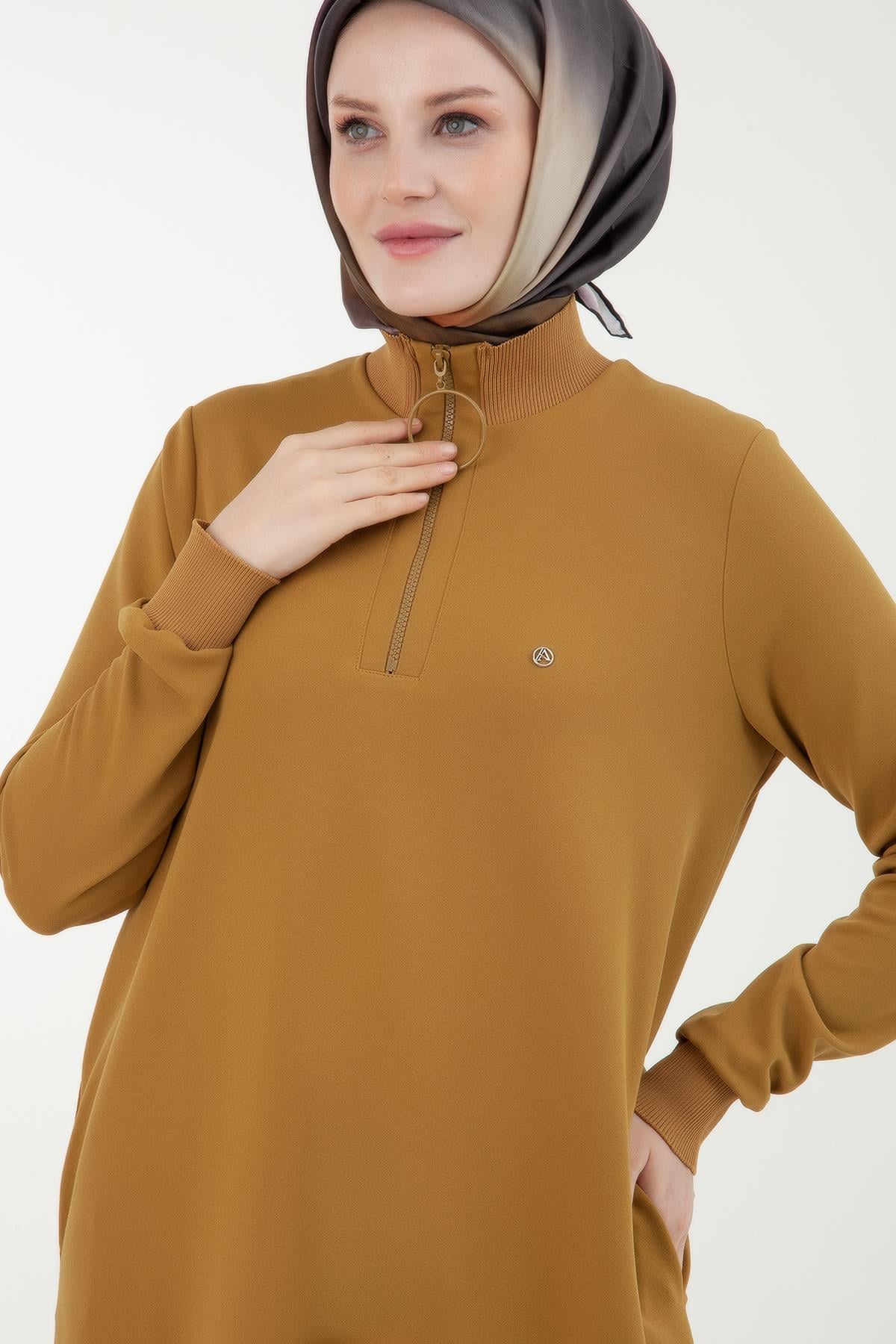 Armine Trend Yakası Halka Fermuarlı Tunik Olive 23kt442