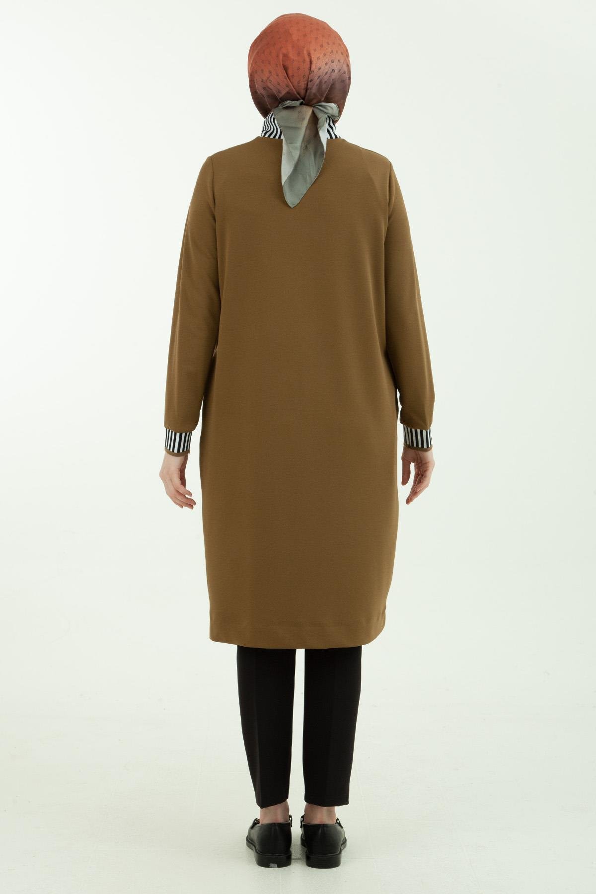 Armine Trend Çizgi Detaylı Lastik Ribana Tunik Olive 23KT423