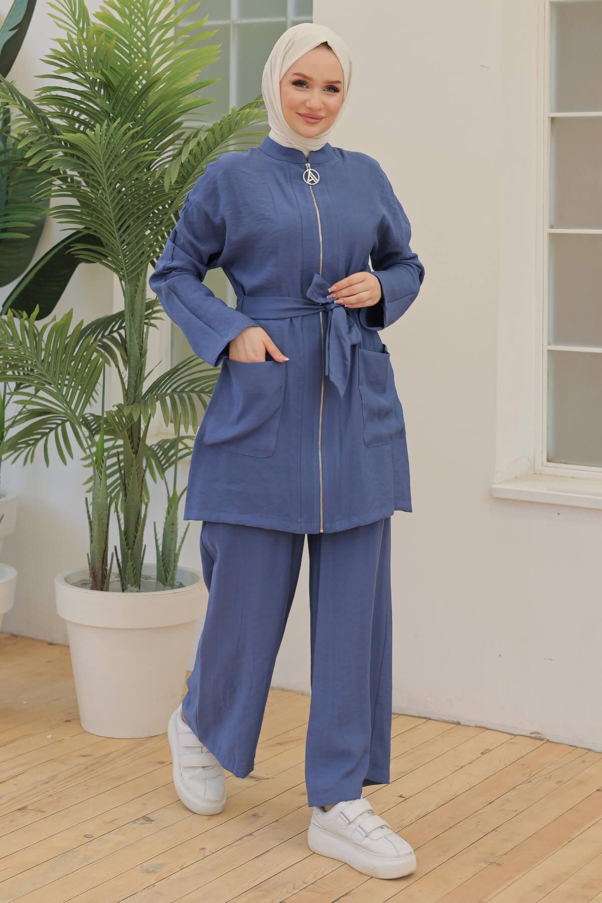 ARMİNE TREND Beli Kuşaklı Pantolonlu Takım İndigo 24YT696