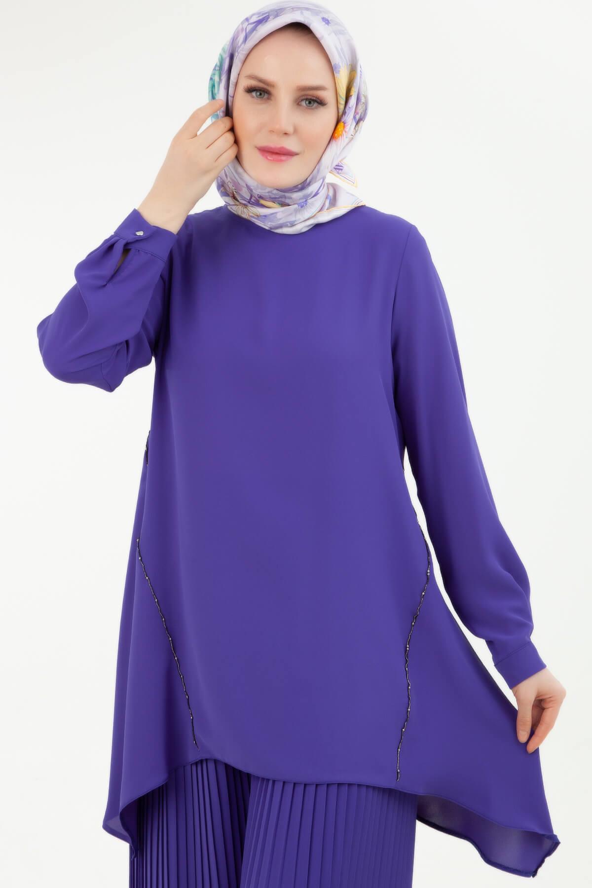 Armine TREND İpek Krep Kumaş Pantolonu Piliseli İkili Takım Morcivet 24YT635