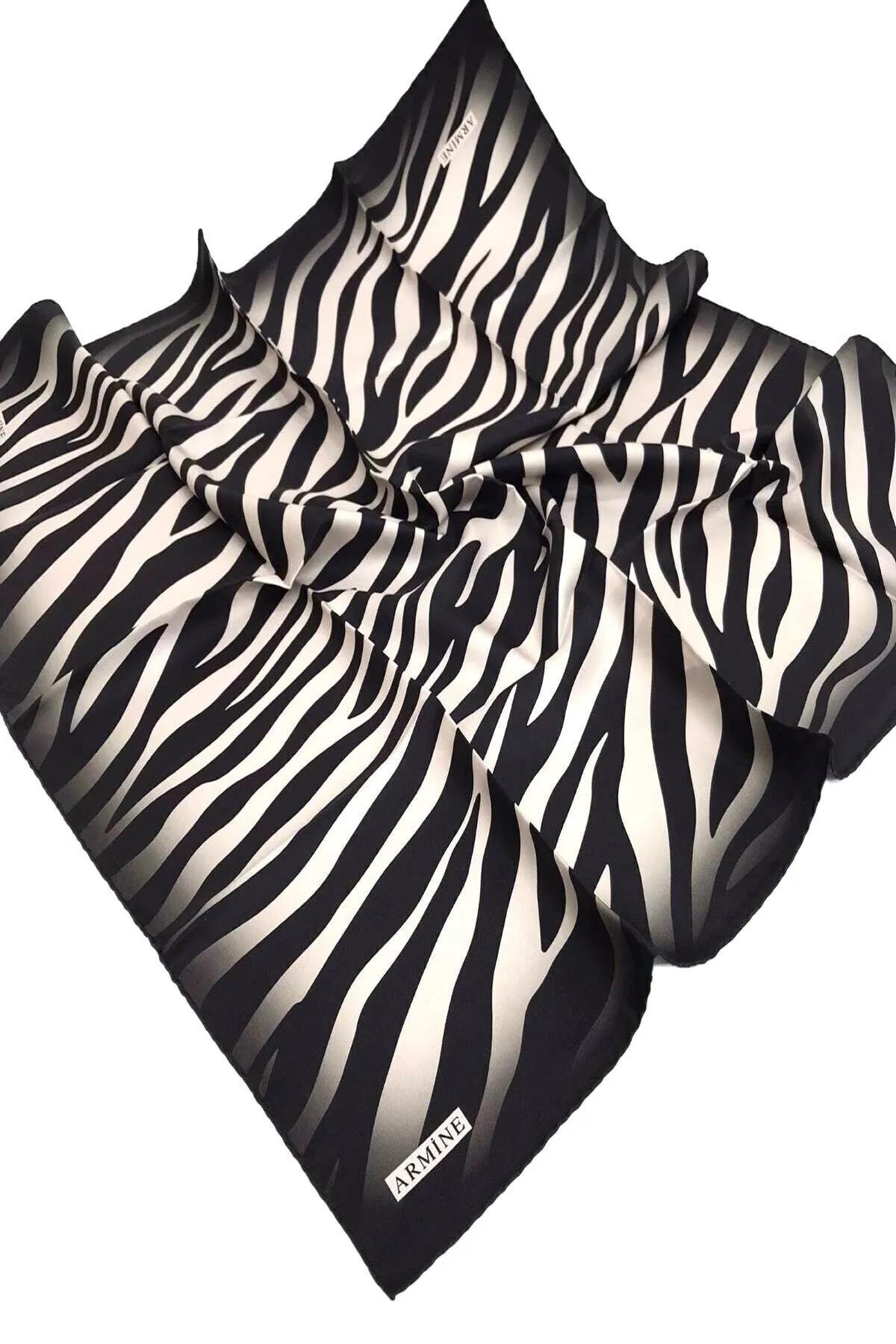 Armine 8274D-02 Sura İpek Eşarp Zebra Beyaz