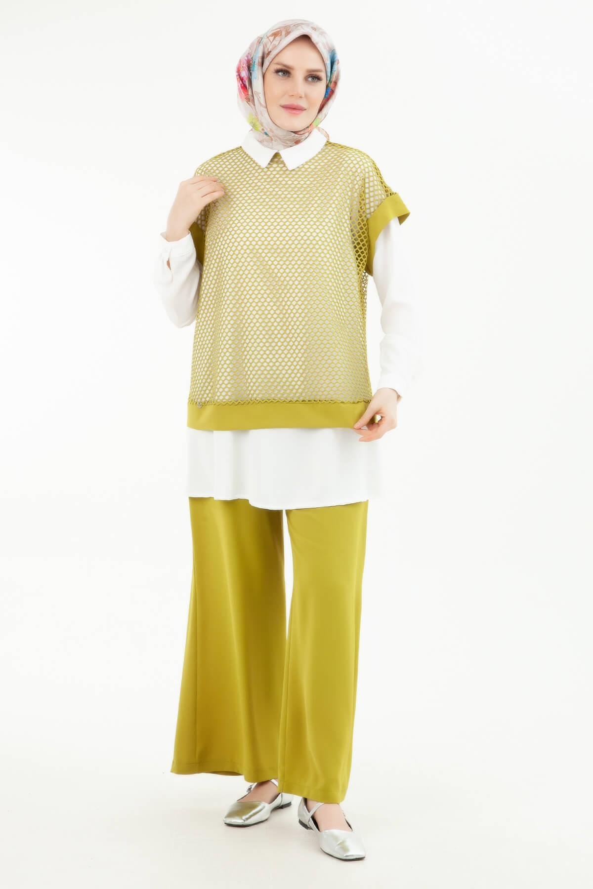 ARMİNE TREND Beli Lastikli Pantolonlu Basic Gömlekli Fileli Üçlü Takım Yağ Yeşili 24YT633