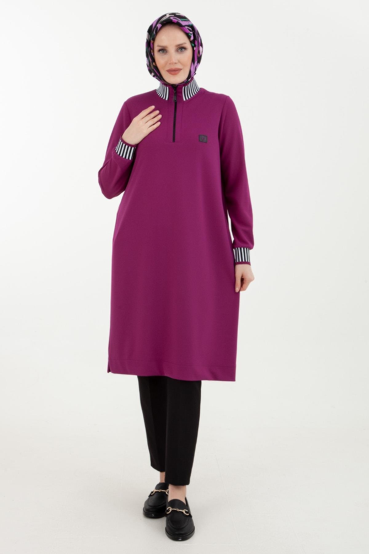 Armine Trend Çizgi Detaylı Lastik Ribana Tunik Erguvan 23KT423