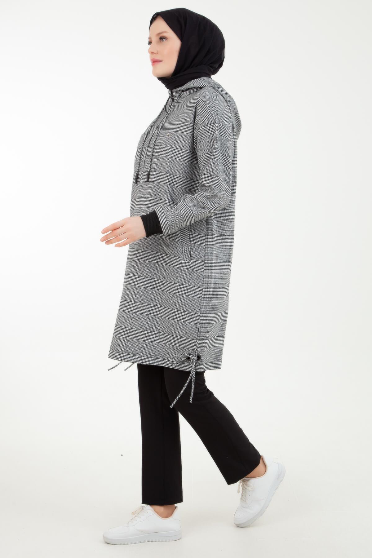 Armine Trend Ekose Desenli Önden Fermuarlı Kapüşonlu Tunik Siyah 23KT450