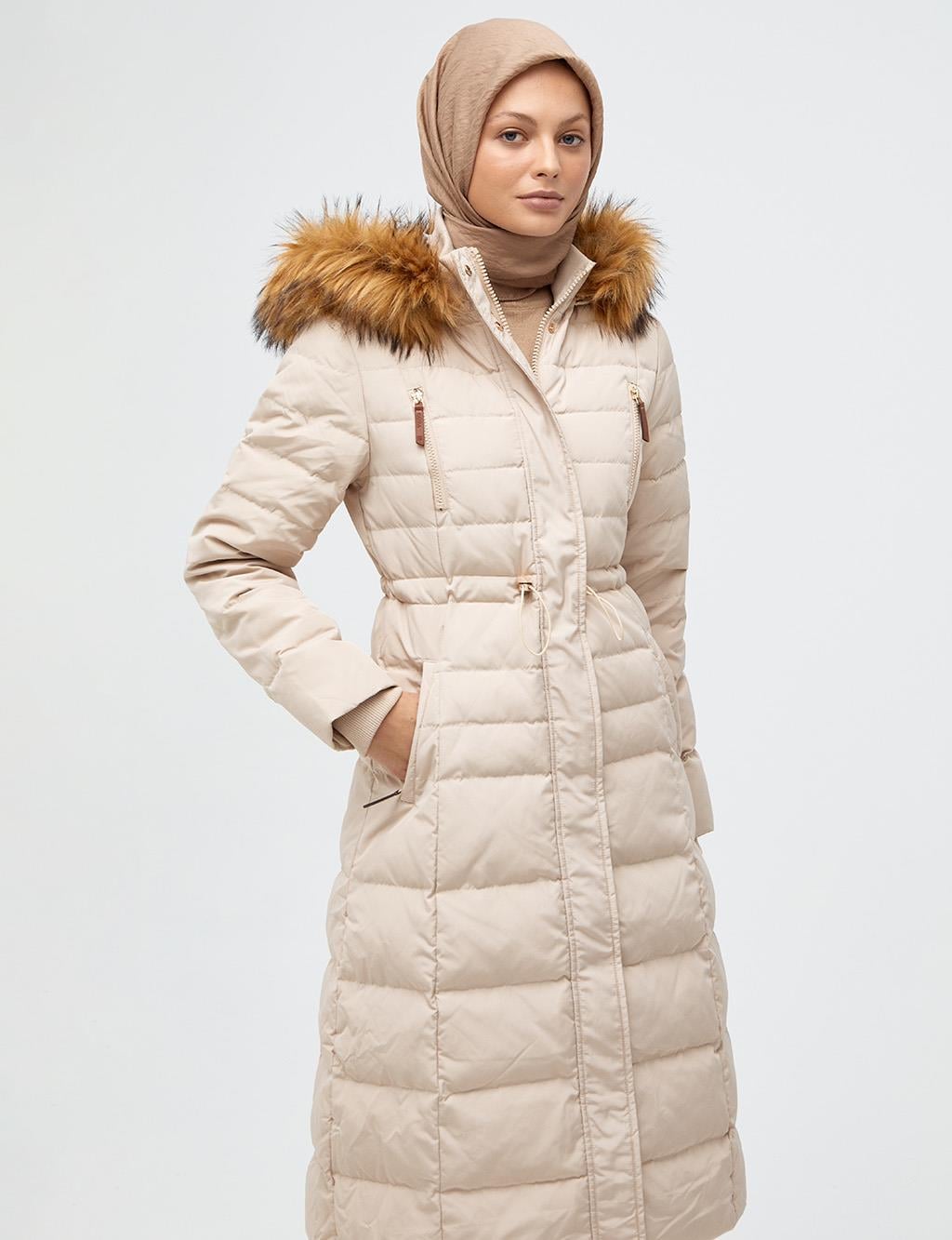 Kayra Çıt Çıtlı Kaz Tüyü Dolgulu Mont Krem KA-A23-27001