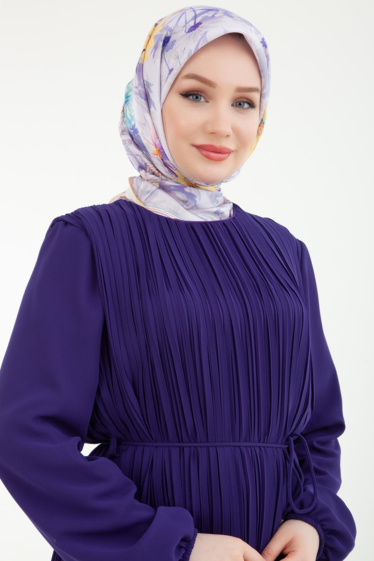 ARMİNE TREND Pilise Detaylı Kolları Lastikli Elbise Mor 23KT905