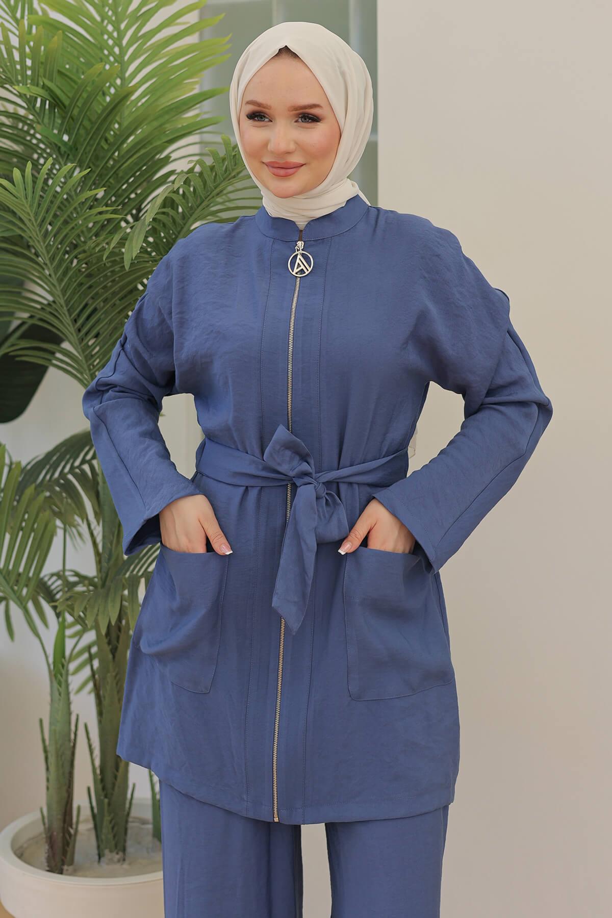 ARMİNE TREND Beli Kuşaklı Pantolonlu Takım İndigo 24YT696