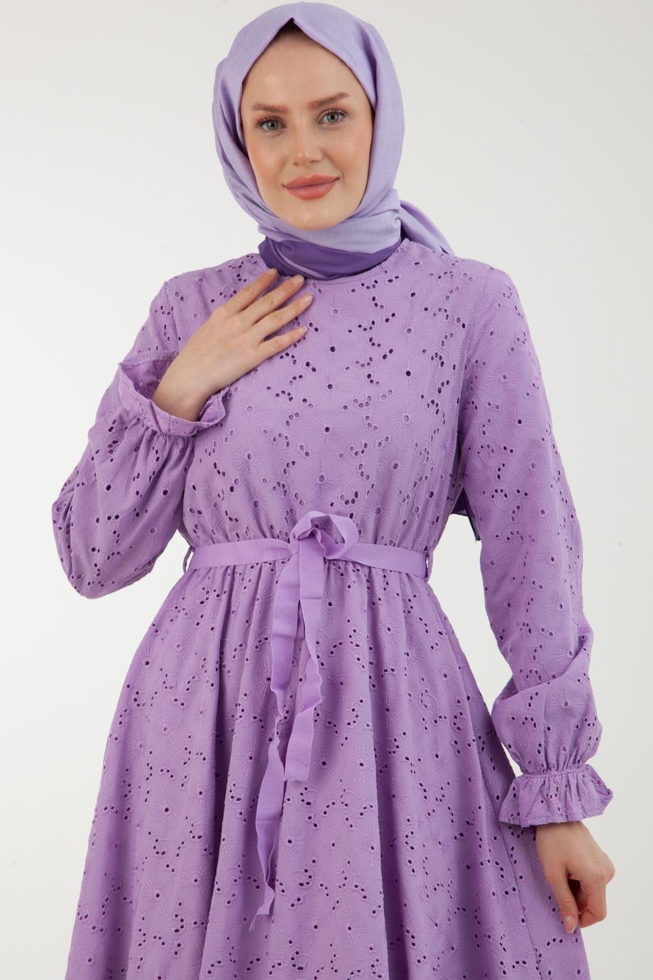 ARMİNE TREND Güpür Detaylı Kolları Lastikli Belden Bağlamalı Elbise-Lila 23YT930