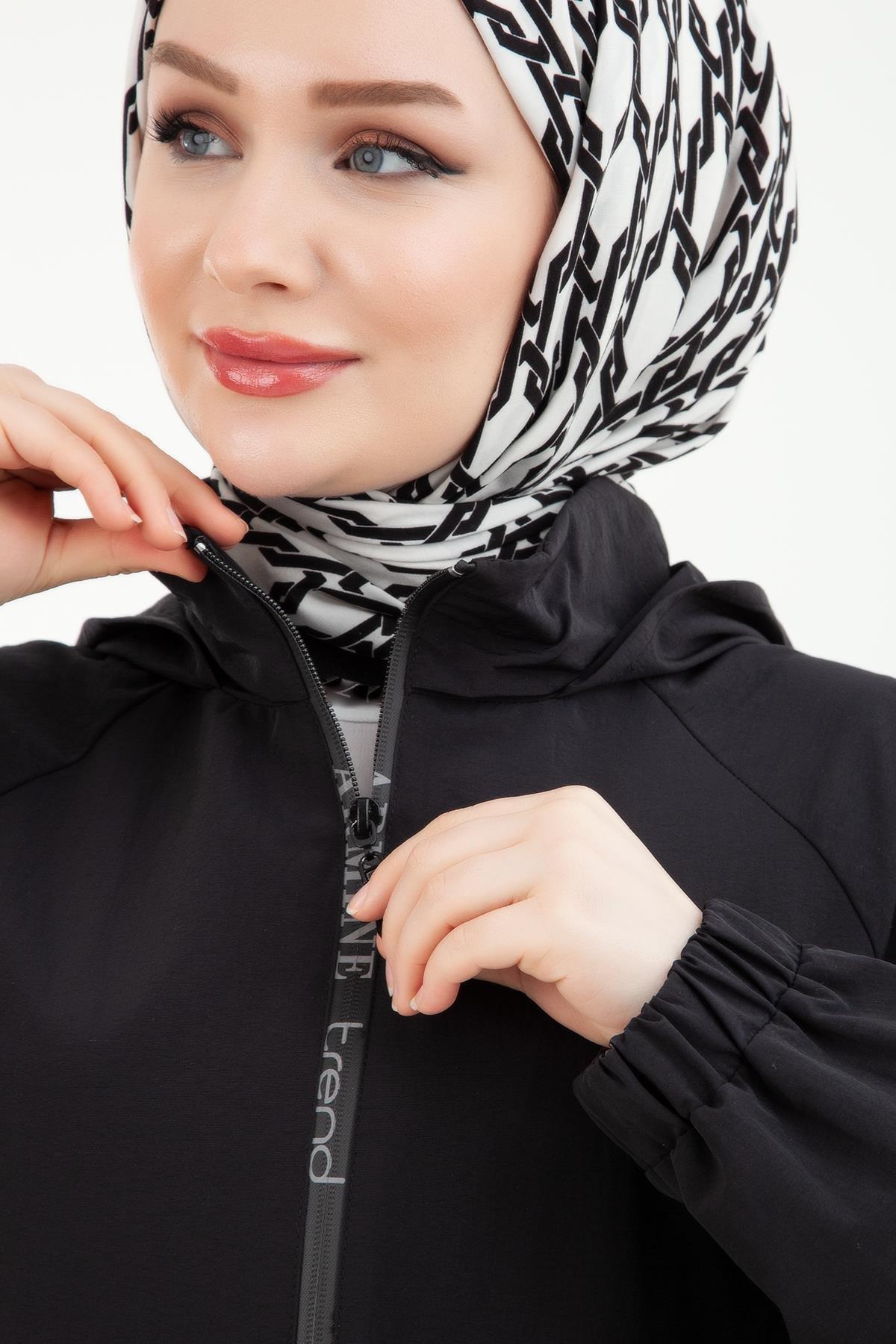 ARMİNE TREND Paraşüt Kumaşlı Kolları Lastikli Kapüşonlu Pardesü Siyah 24YT514