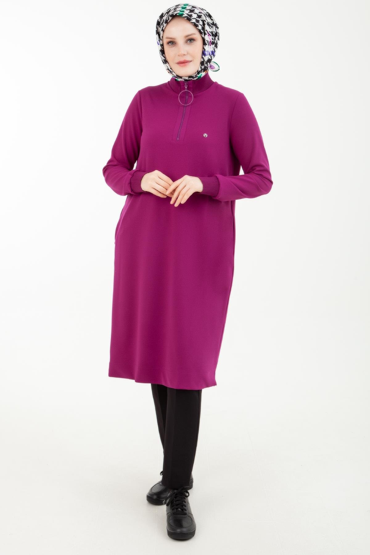 Armine Trend Yakası Halka Fermuarlı Tunik Fuşya 23kt442