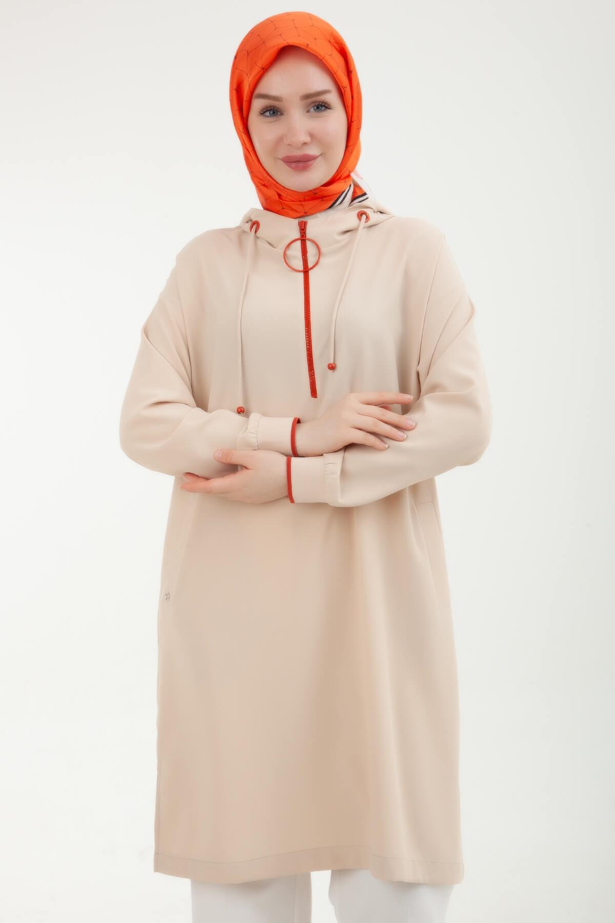 ARMİNE TREND Kapüşonlu Etek Ucları Yırtmaç Detaylı Fermuarlı Tunik Bej 24YT461