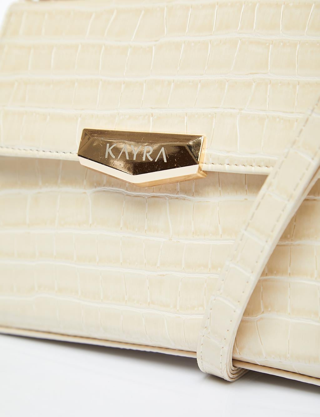 Kayra Croco Desenli Kapaklı Zarf Formlu Çanta Krem KA-B24-CNT67-13