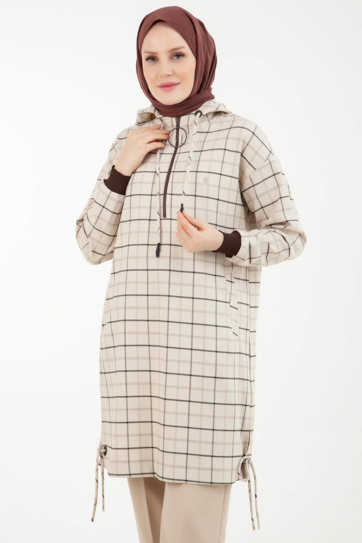 Armine Trend Ekose Desenli Önden Fermuarlı Kapüşonlu Tunik Bej 23KT450