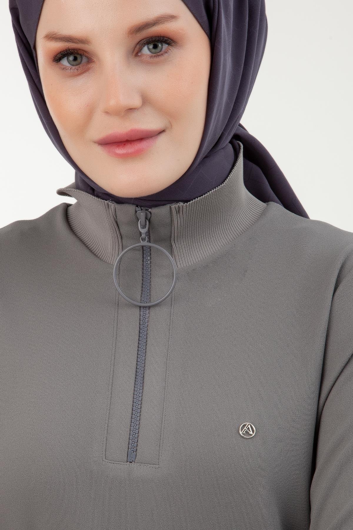 Armine Trend Yakası Halka Fermuarlı Tunik Gri 23kt442