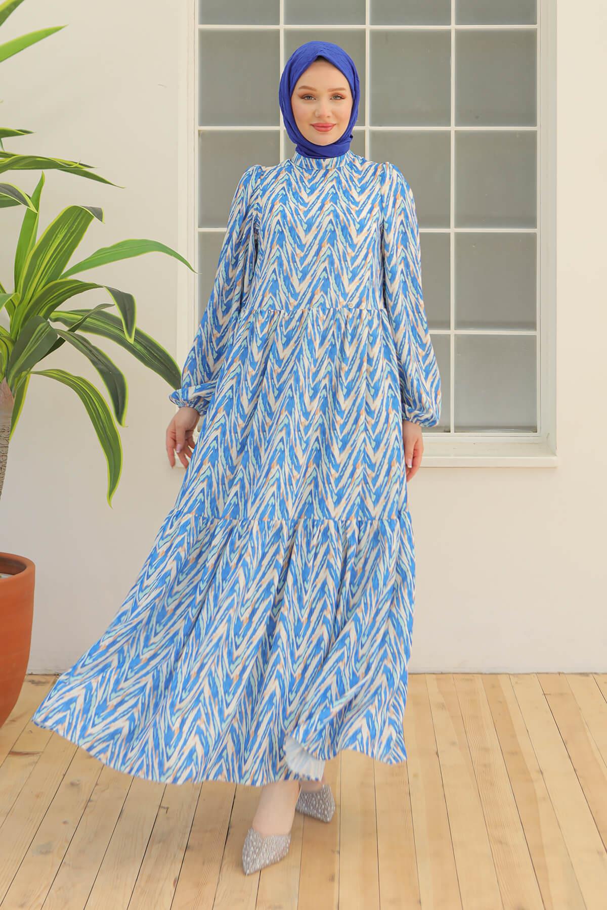 Armine Trend Desenli Elbise Mavi 24YT914