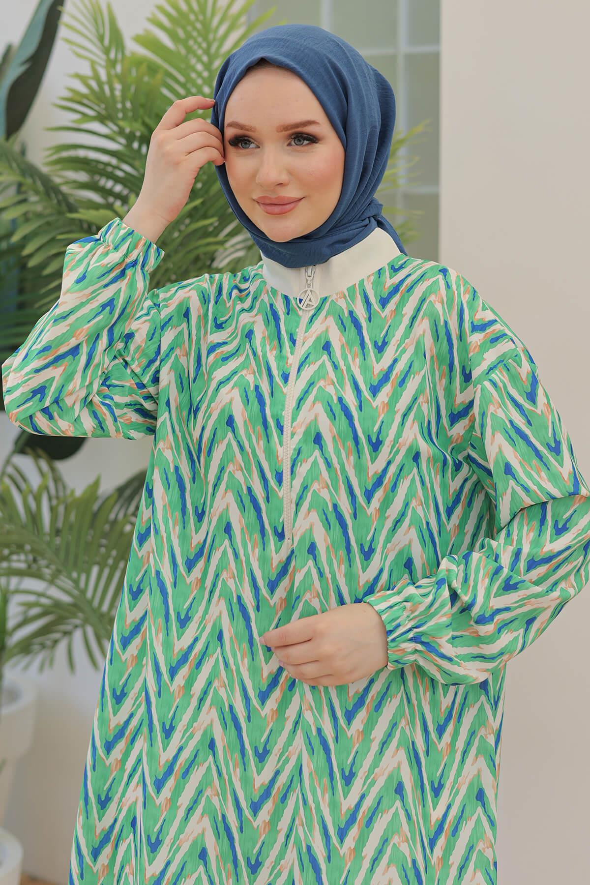 Armine TREND Ön Fermuarlı Desenli Tunik Yeşil 24YT431