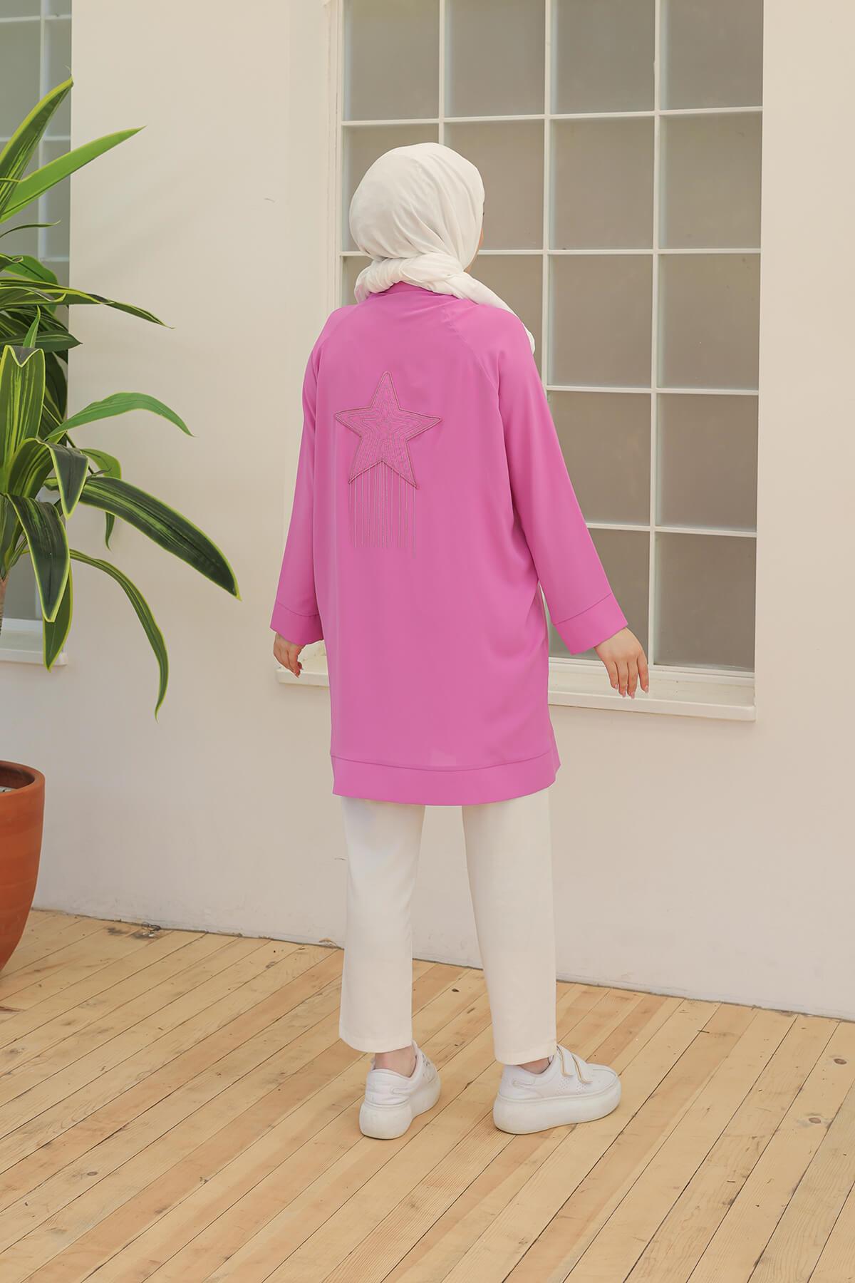 ARMİNE TREND İpek Krep Kumaşlı Sırtı Yıldızlı Fermuarlı Tunik Pembe 24YT560