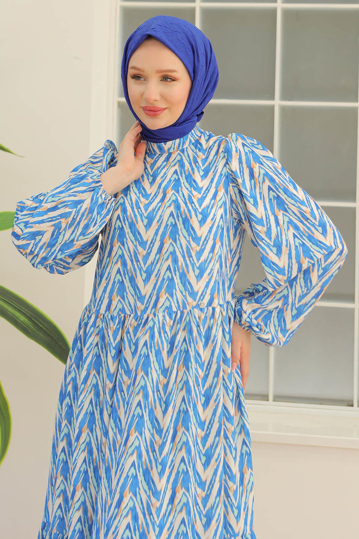 Armine Trend Desenli Elbise Mavi 24YT914