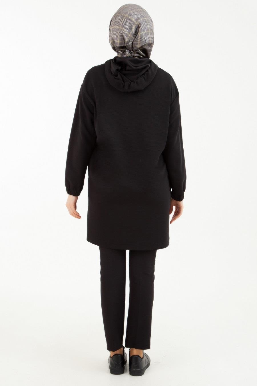 ARMİNE TREND Kapşonlu Bağcıklı Tunik Siyah 23KT446