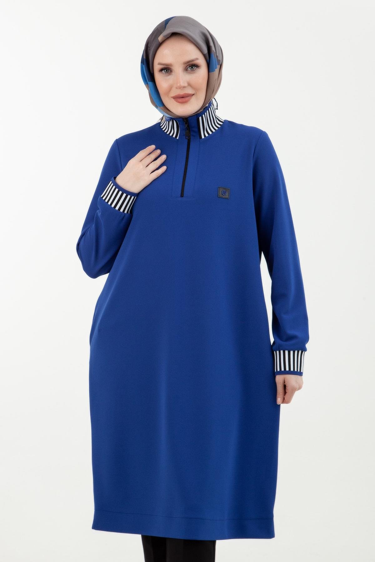 Armine Trend Çizgi Detaylı Lastik Ribana Tunik Saks 23KT423