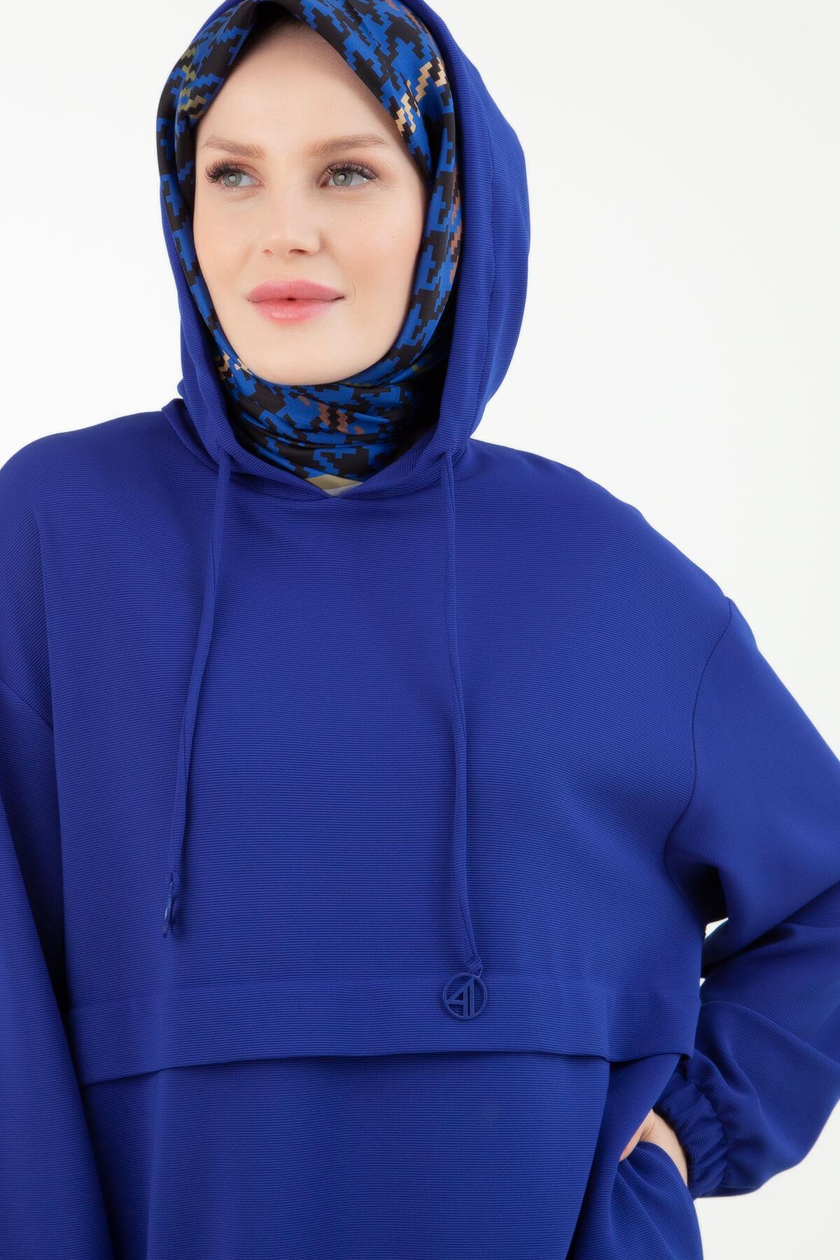 ARMİNE TREND Kapşonlu Bağcıklı Tunik Saks 23KT446