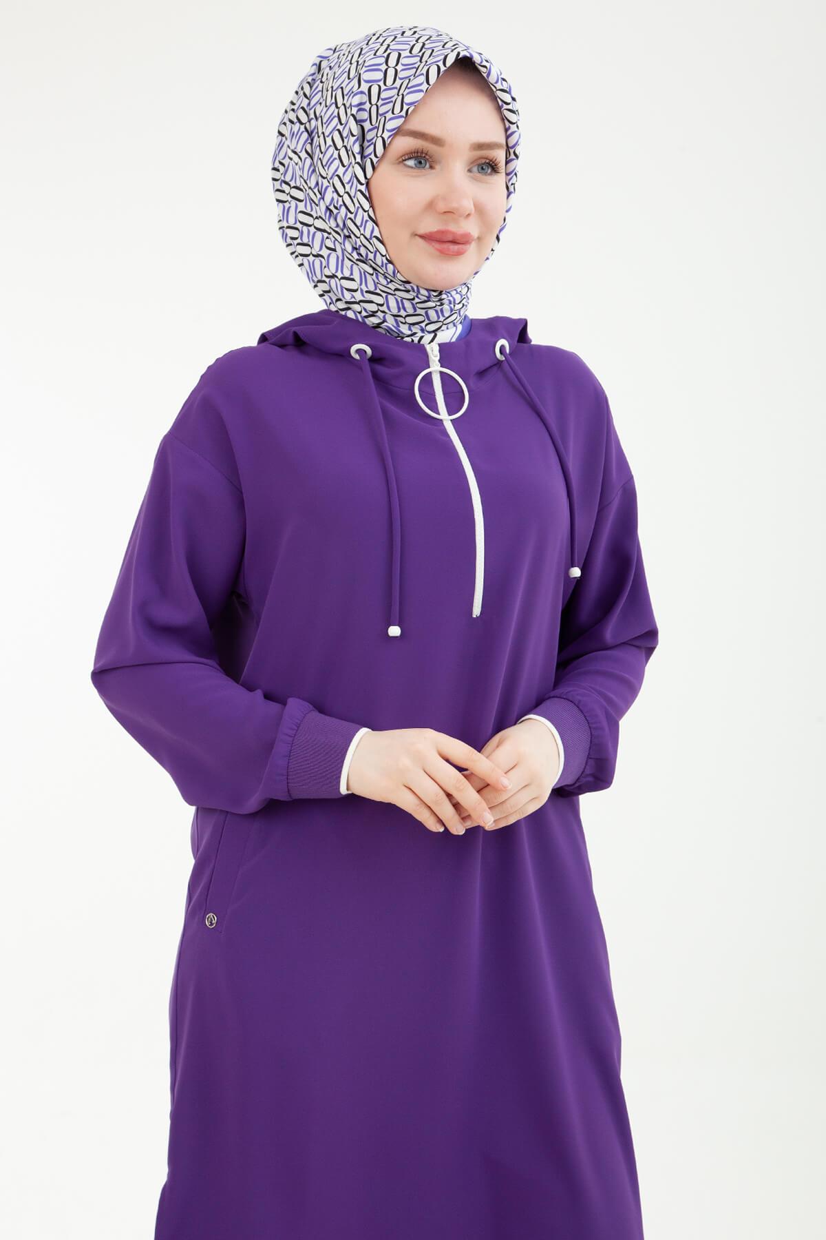 ARMİNE TREND Kapüşonlu Etek Ucları Yırtmaç Detaylı Fermuarlı Tunik Mor 24YT461