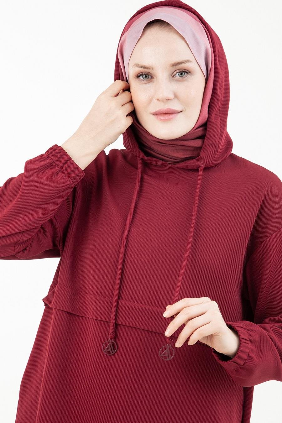 ARMİNE TREND Kapşonlu Bağcıklı Tunik Bordo 23KT446