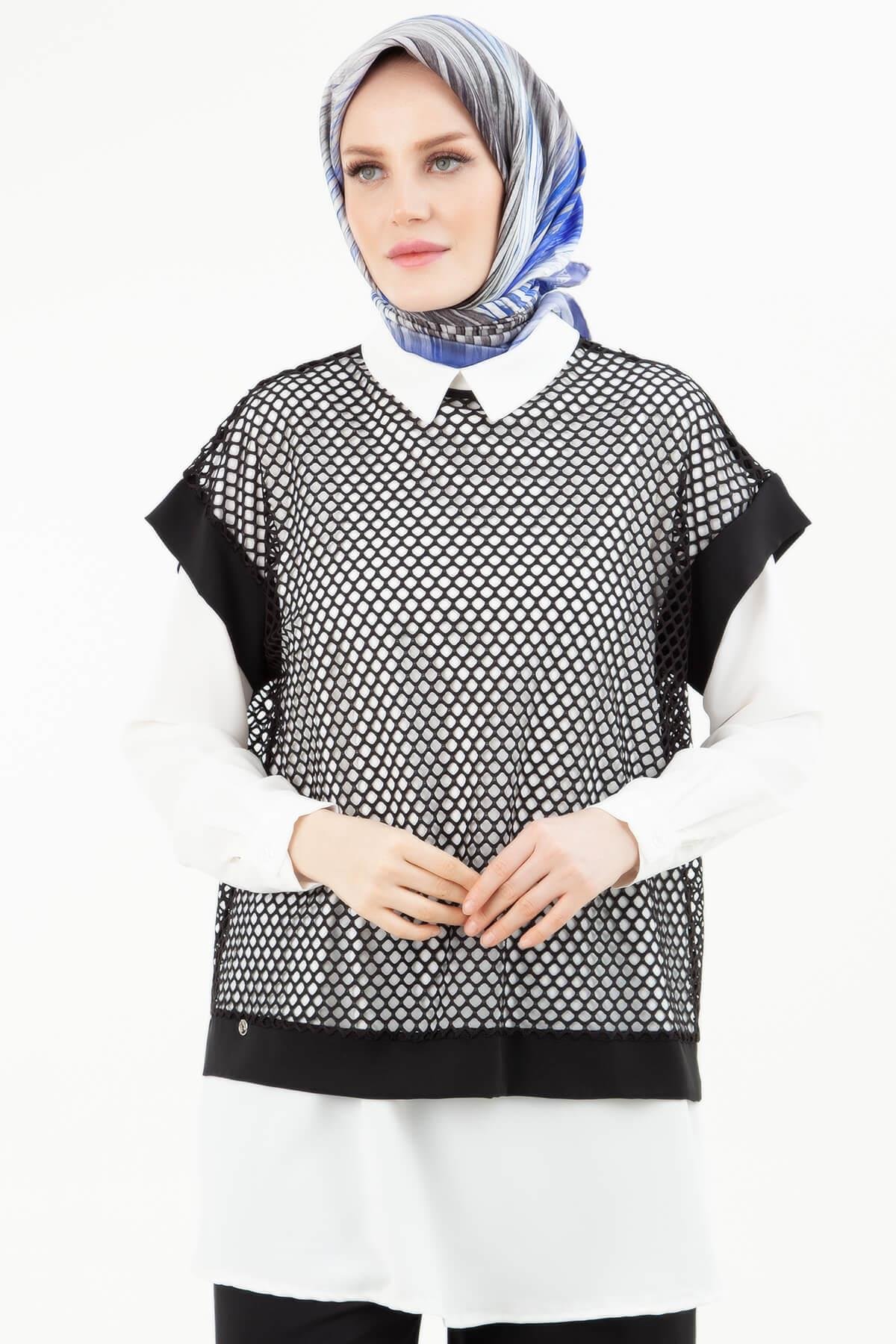 ARMİNE TREND Beli Lastikli Pantolonlu Basic Gömlekli Fileli Üçlü Takım Siyah 24YT633