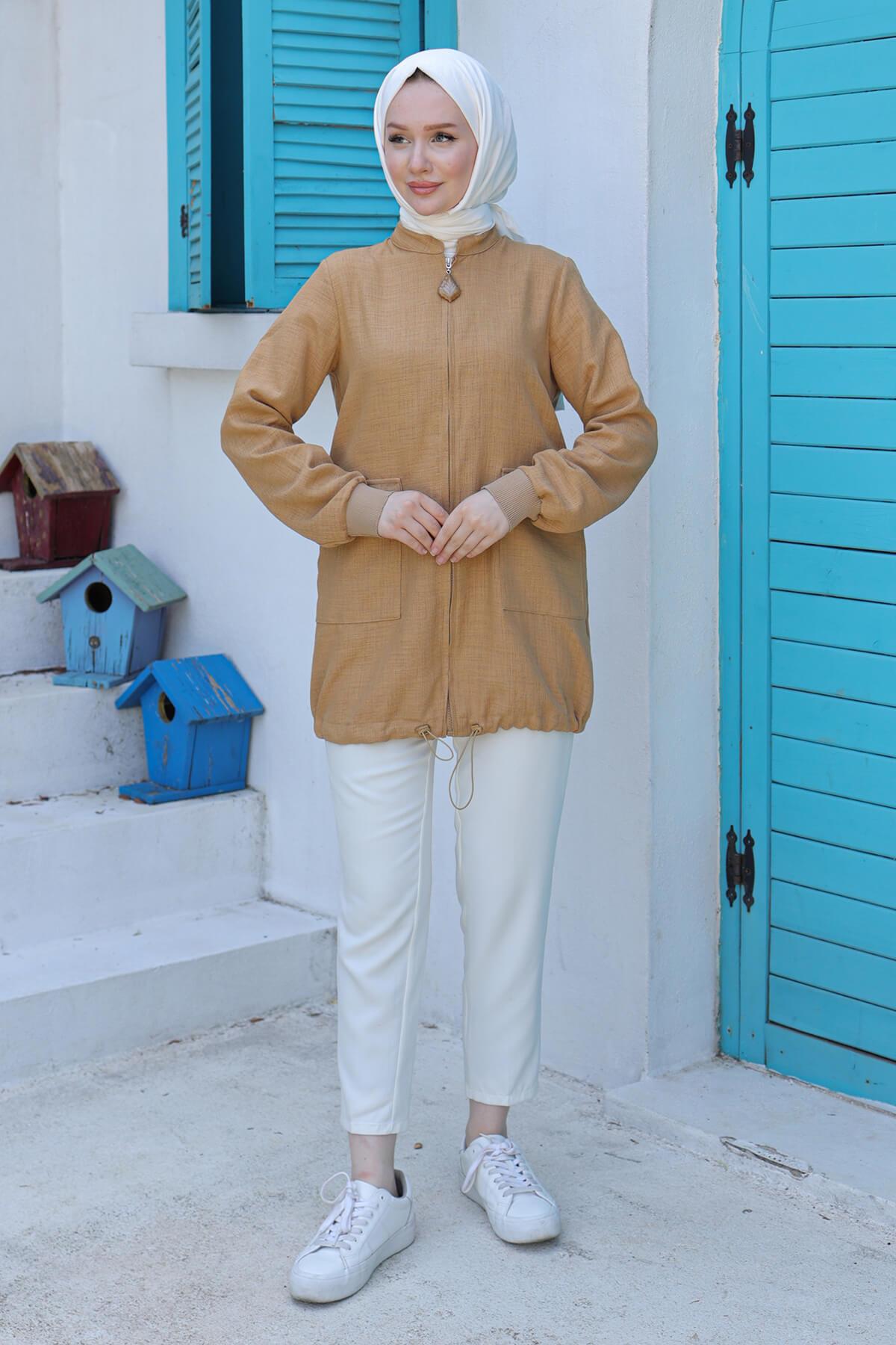 ARMİNE TREND Kolları Ribanalı Etek Ucu Lastikli Keten Tunik Camel 24YT534
