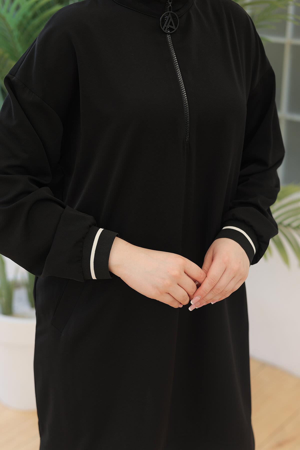 ARMİNE TREND Kolları Ribanalı Yarım Fermuarlı Tunik Siyah 24YT469