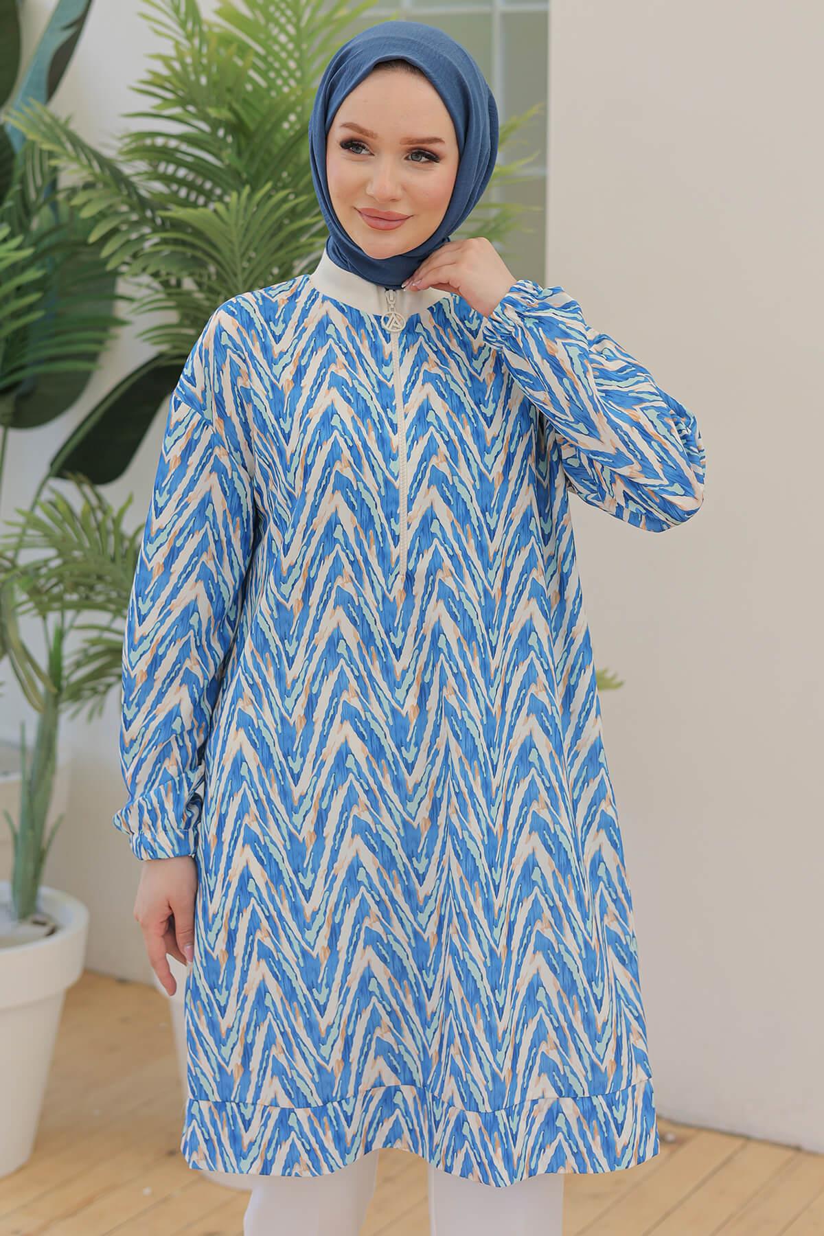 Armine TREND Ön Fermuarlı Desenli Tunik Mavi 24YT431