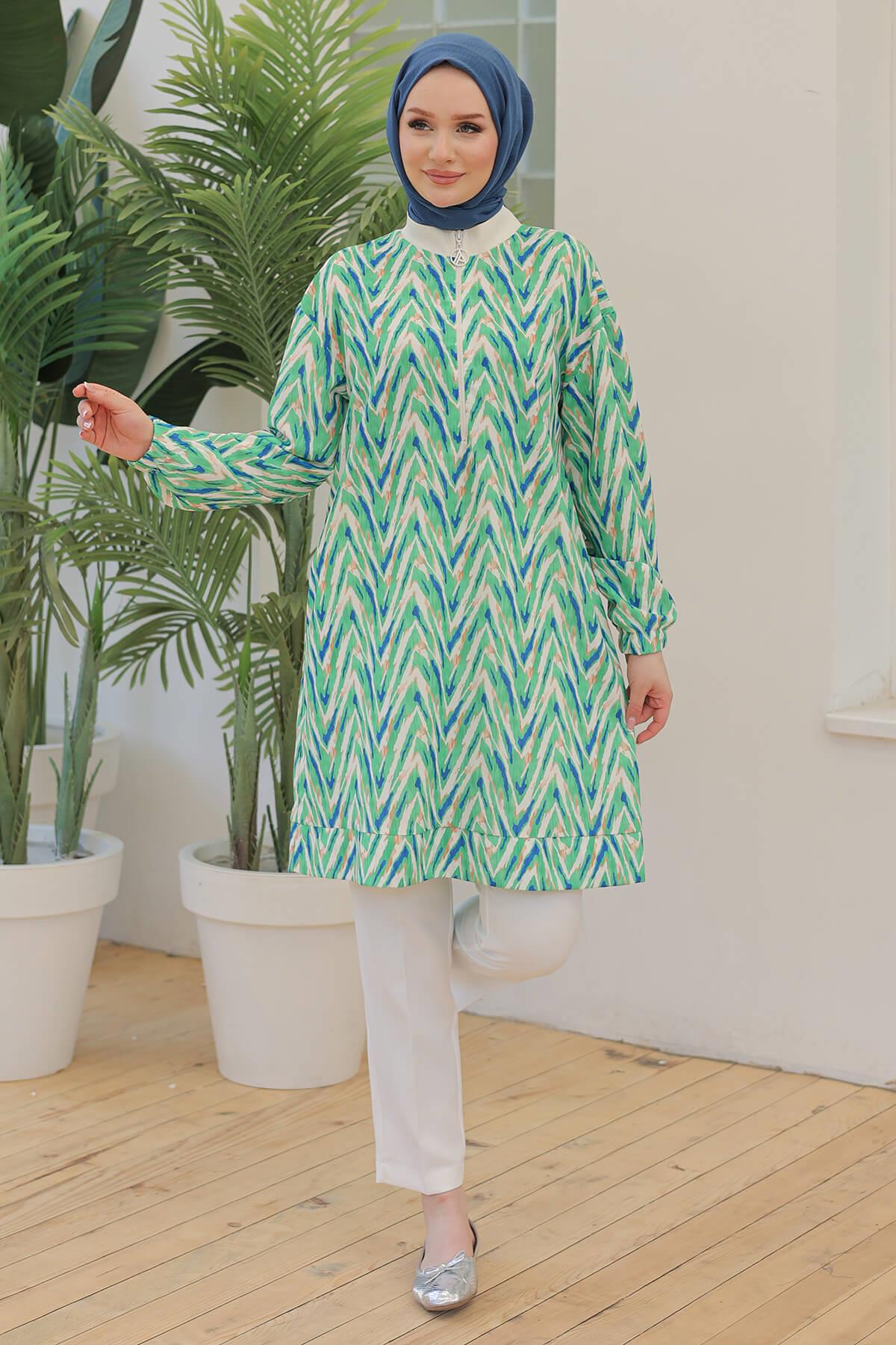 Armine TREND Ön Fermuarlı Desenli Tunik Yeşil 24YT431