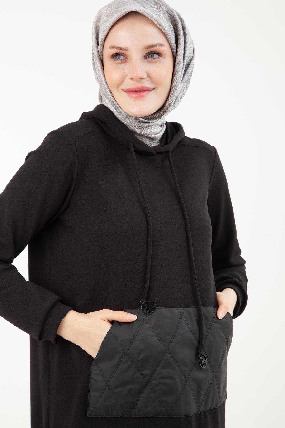 Armine Trend Kapüşonlu Önden Cepli Tunik Siyah 23KT447