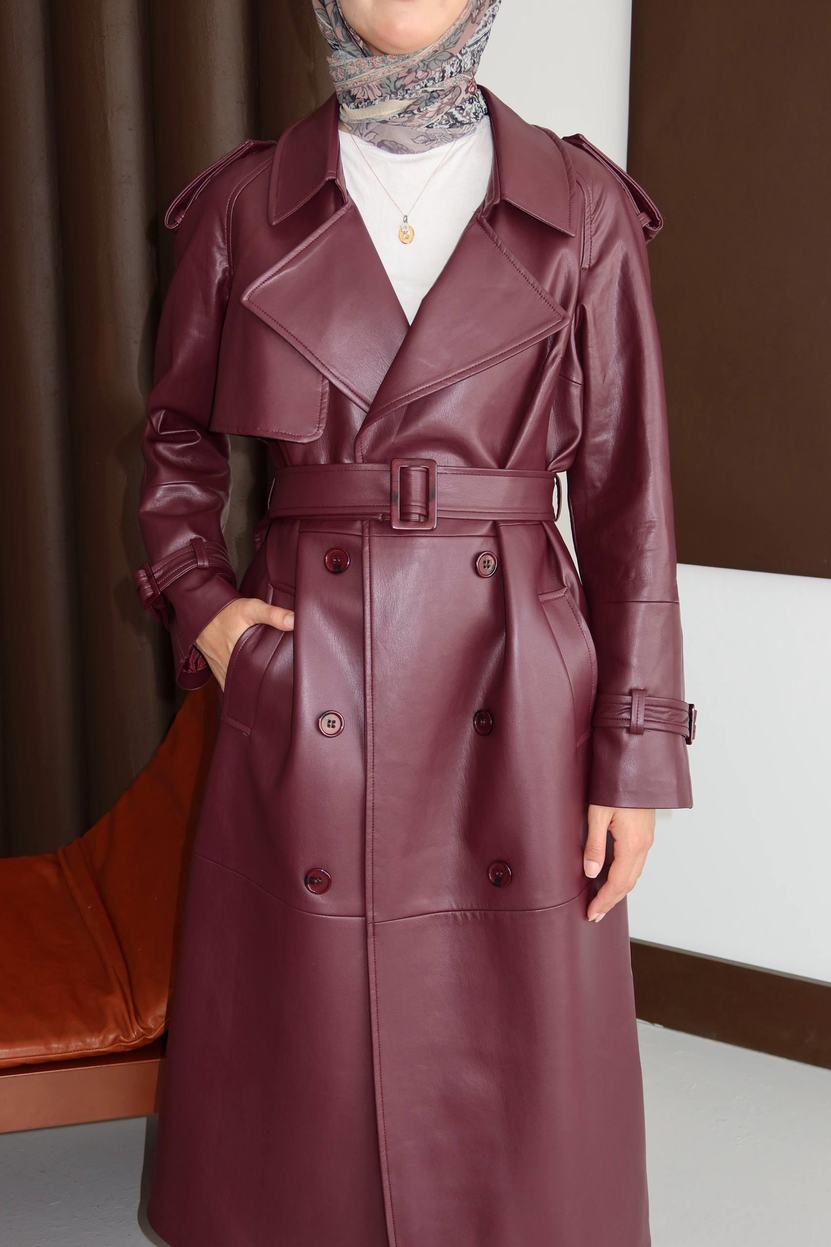 Apoletli Belden Bağcıklı Deri Kap Bordo