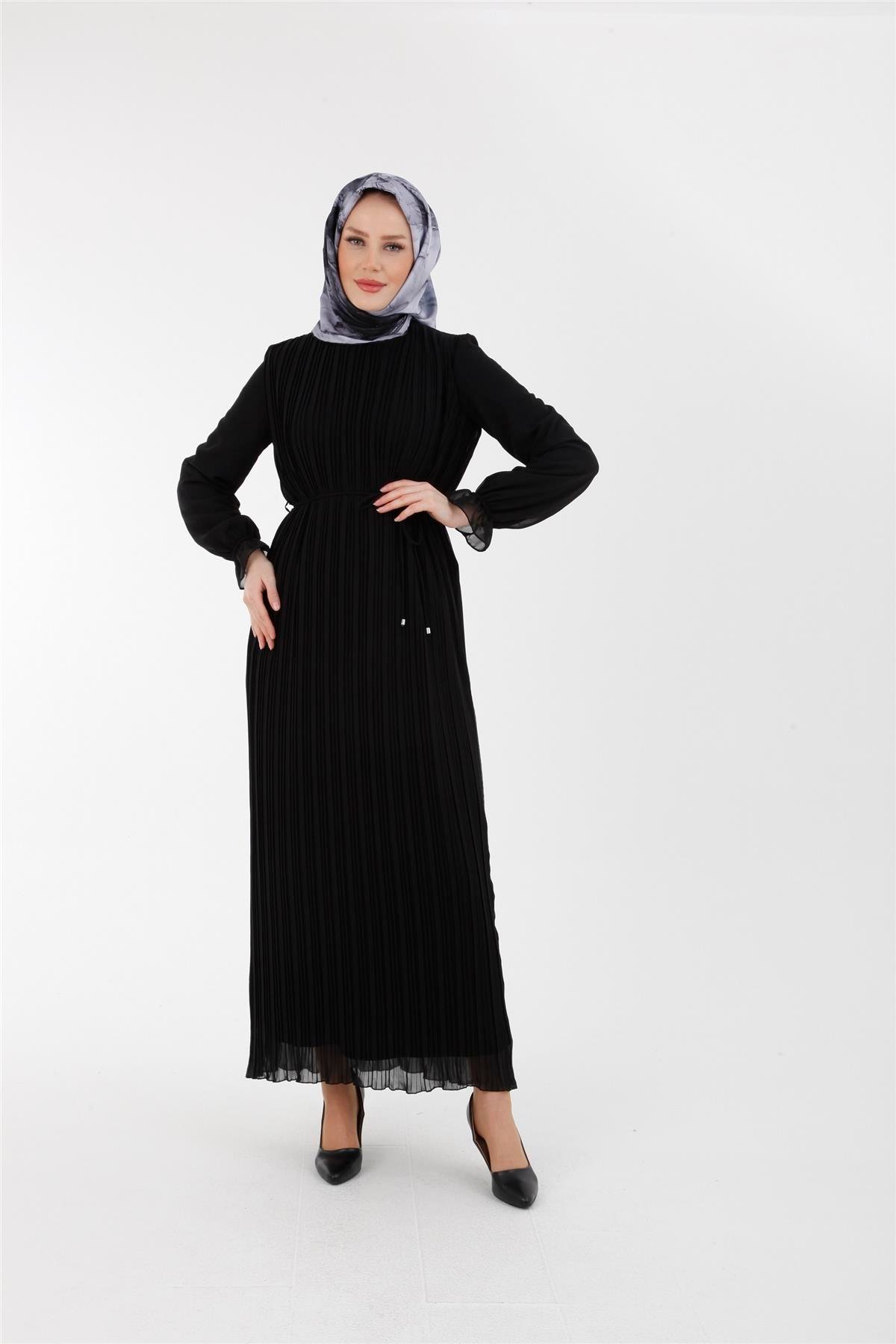 Armine 23YT910 Şifon Pilise Elbise Siyah