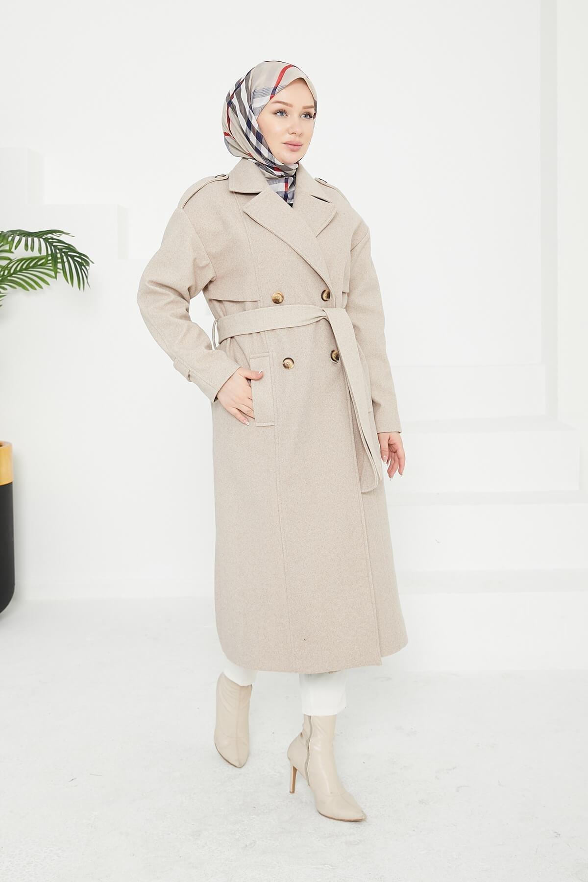 Armine Aller Detaylı Düğmeli Manto Bej 25KT1729