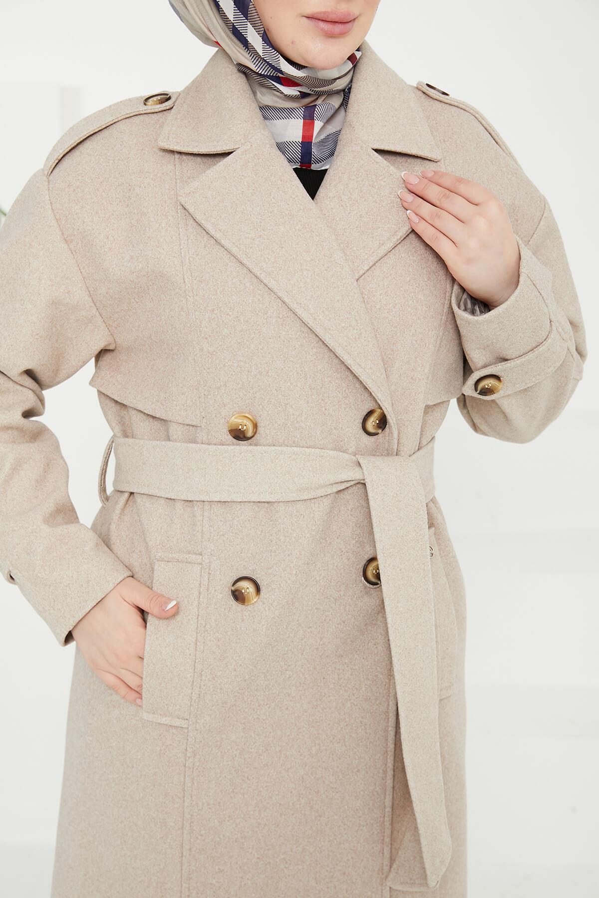 Armine Aller Detaylı Düğmeli Manto Bej 25KT1729