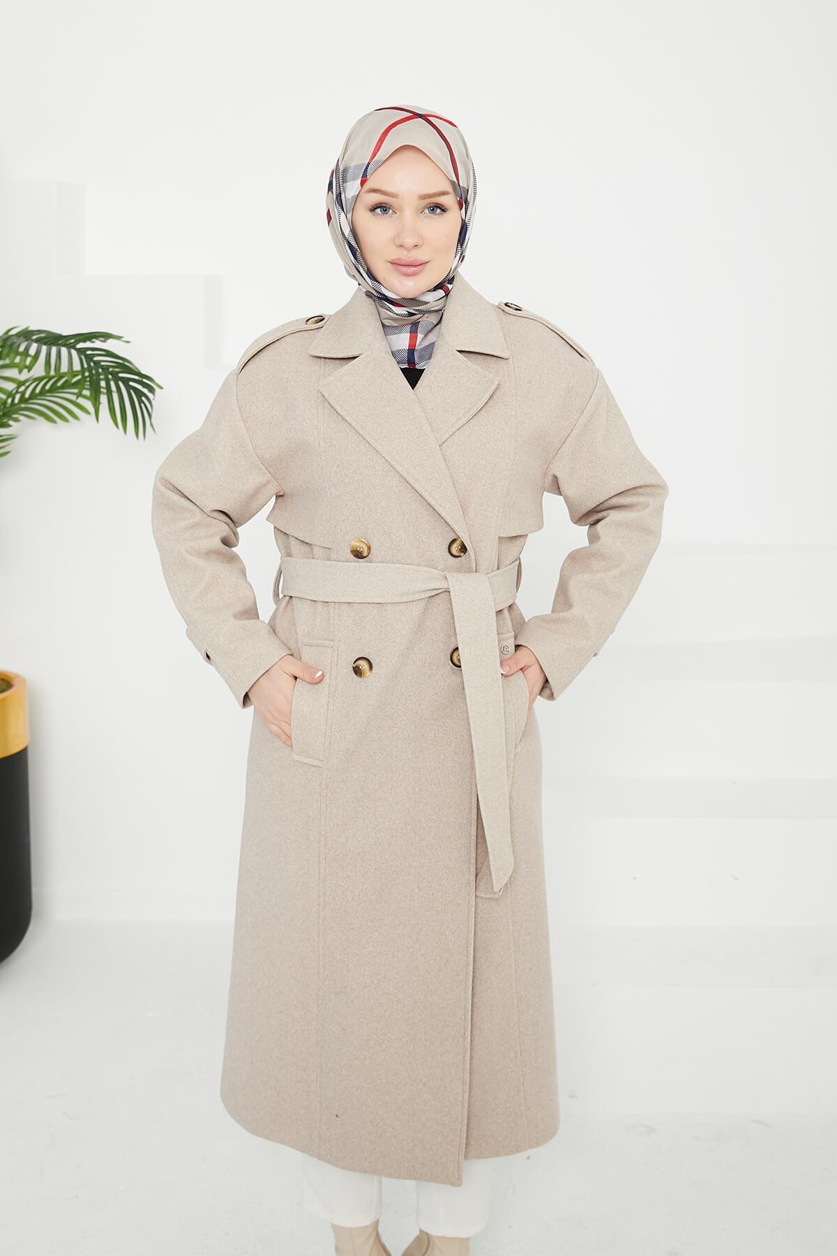 Armine Aller Detaylı Düğmeli Manto Bej 25KT1729
