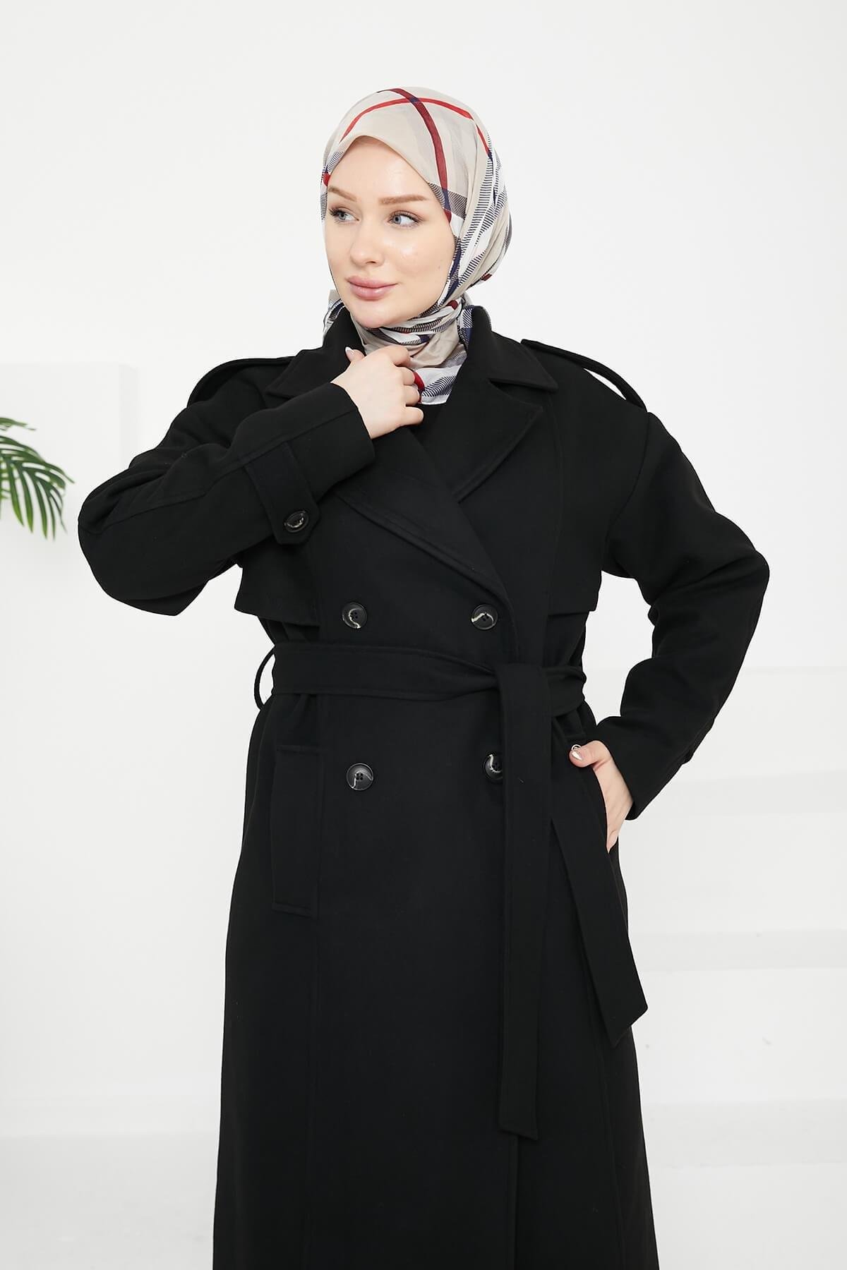 Armine Aller Detaylı Düğmeli Manto Siyah 25KT1729