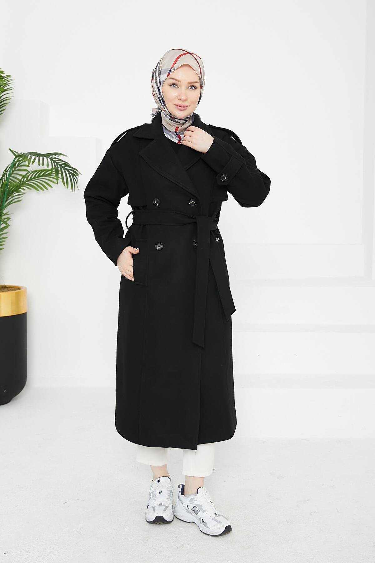 Armine Aller Detaylı Düğmeli Manto Siyah 25KT1729