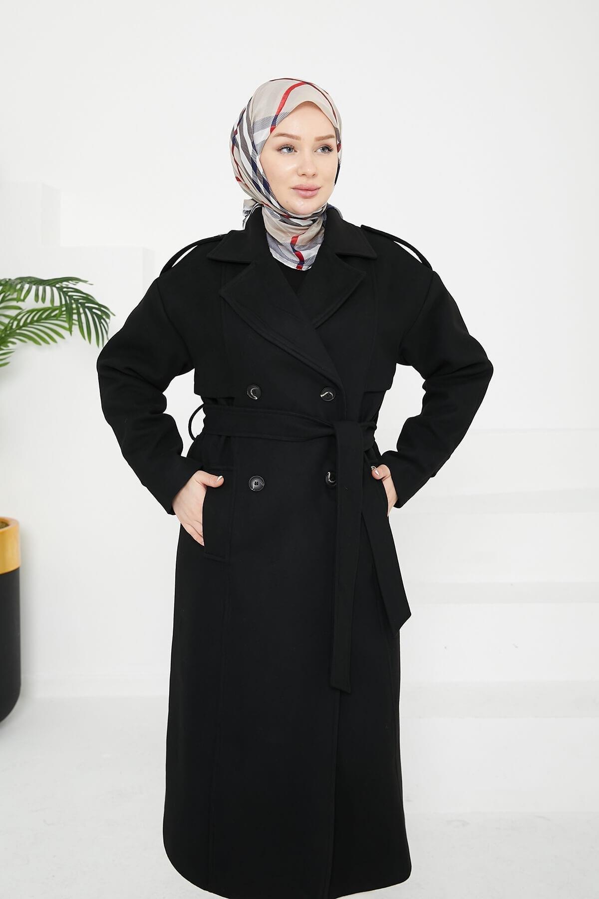 Armine Aller Detaylı Düğmeli Manto Siyah 25KT1729