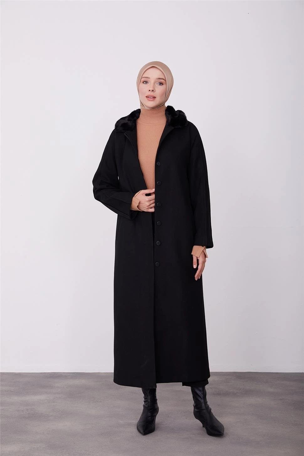 Armine Seyyar Kürklü Fit Manto 23K8603 Siyah