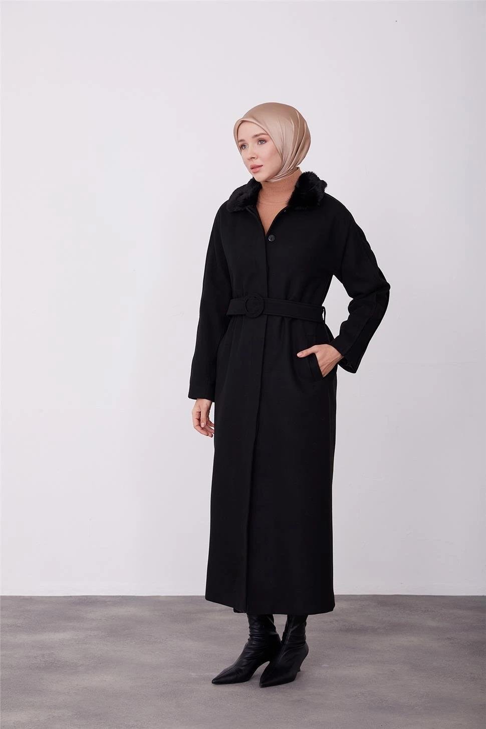 Armine Seyyar Kürklü Fit Manto 23K8603 Siyah