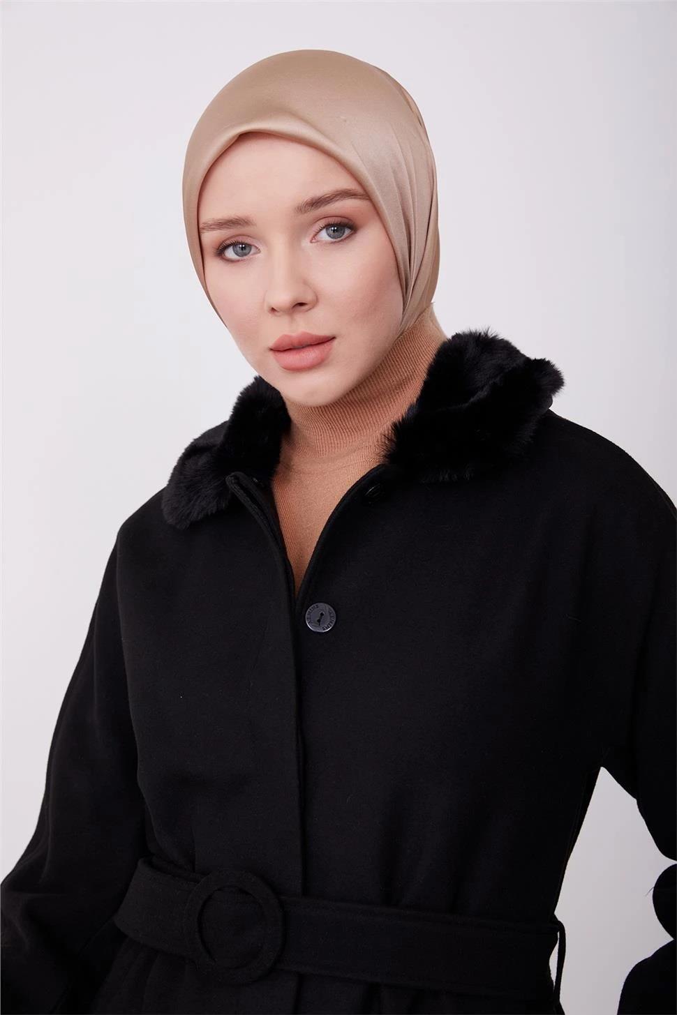 Armine Seyyar Kürklü Fit Manto 23K8603 Siyah