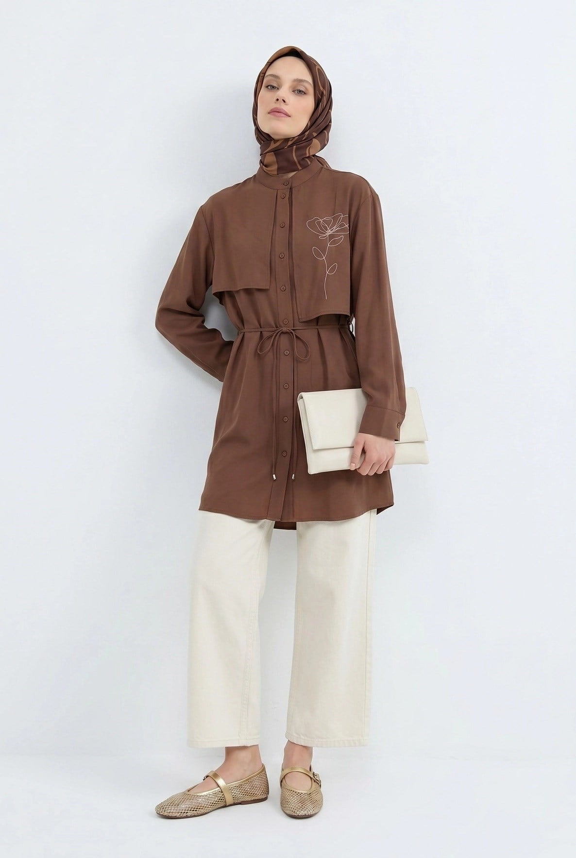 Armine TREND Aller Detaylı Beli İpli Çiçek Desen İşlemeli Tunik Kiremit 26YT407