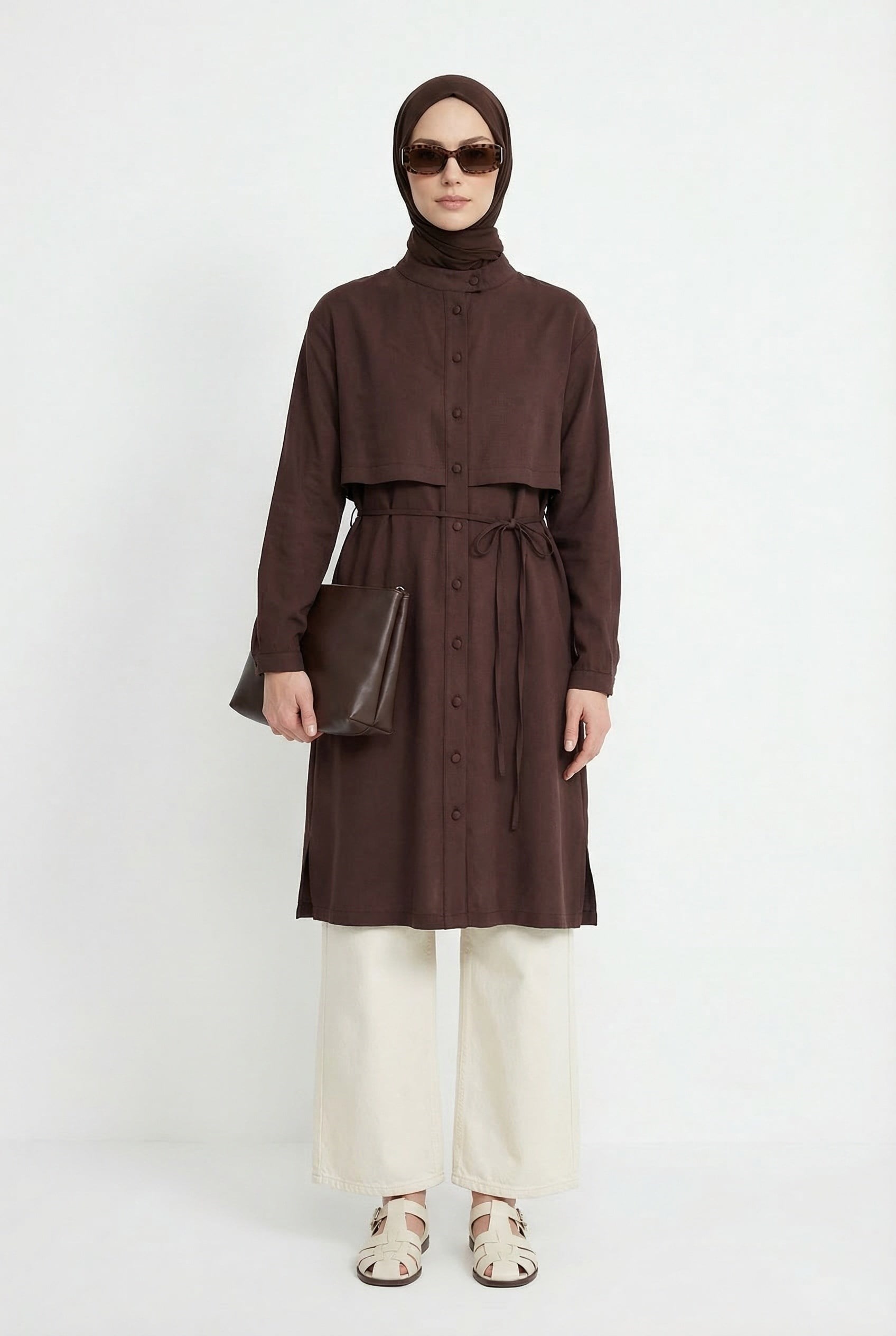 Armine TREND Aller Detaylı Beli İpli Uzun Tunik Kahverengi 26YT412