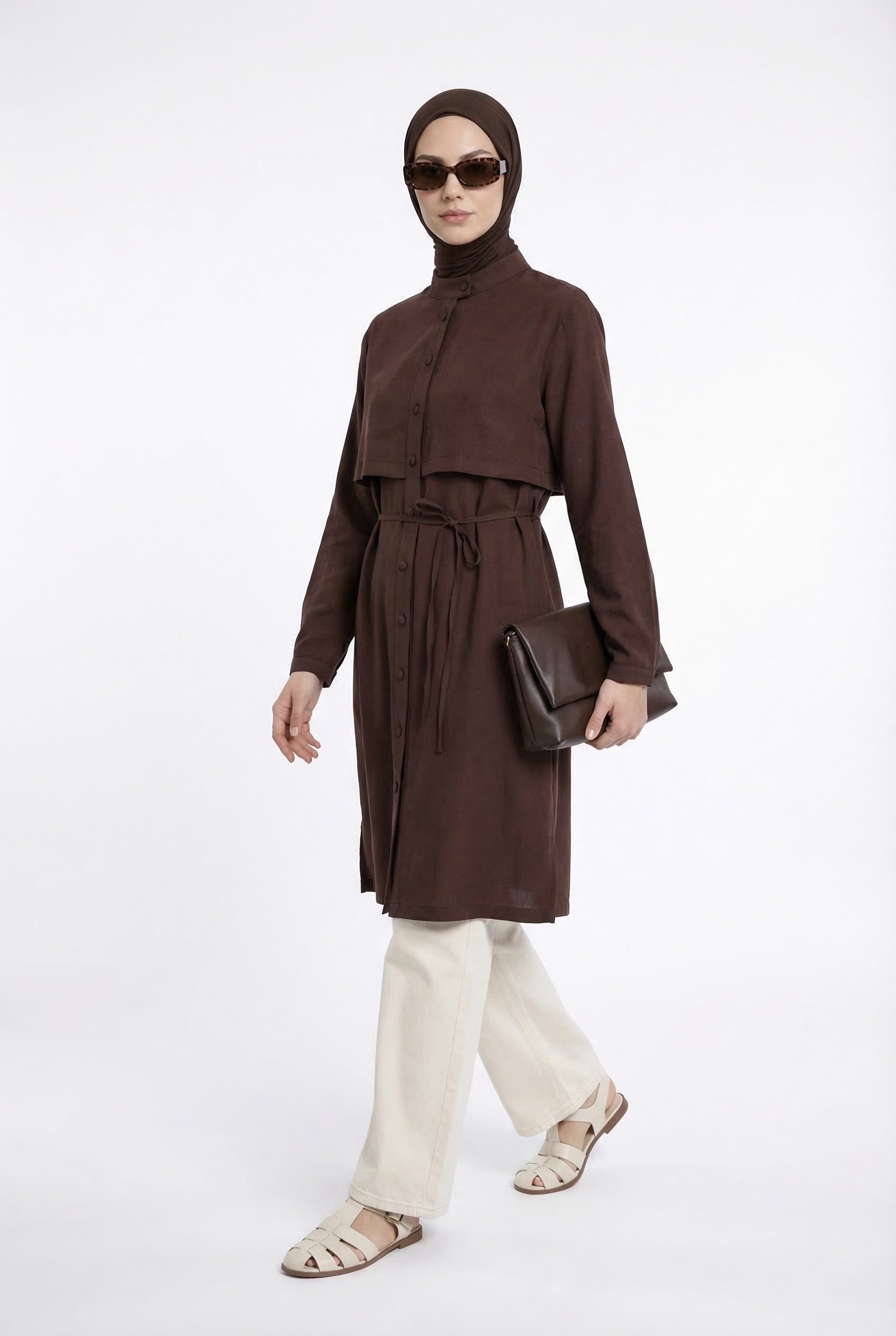 Armine TREND Aller Detaylı Beli İpli Uzun Tunik Kahverengi 26YT412