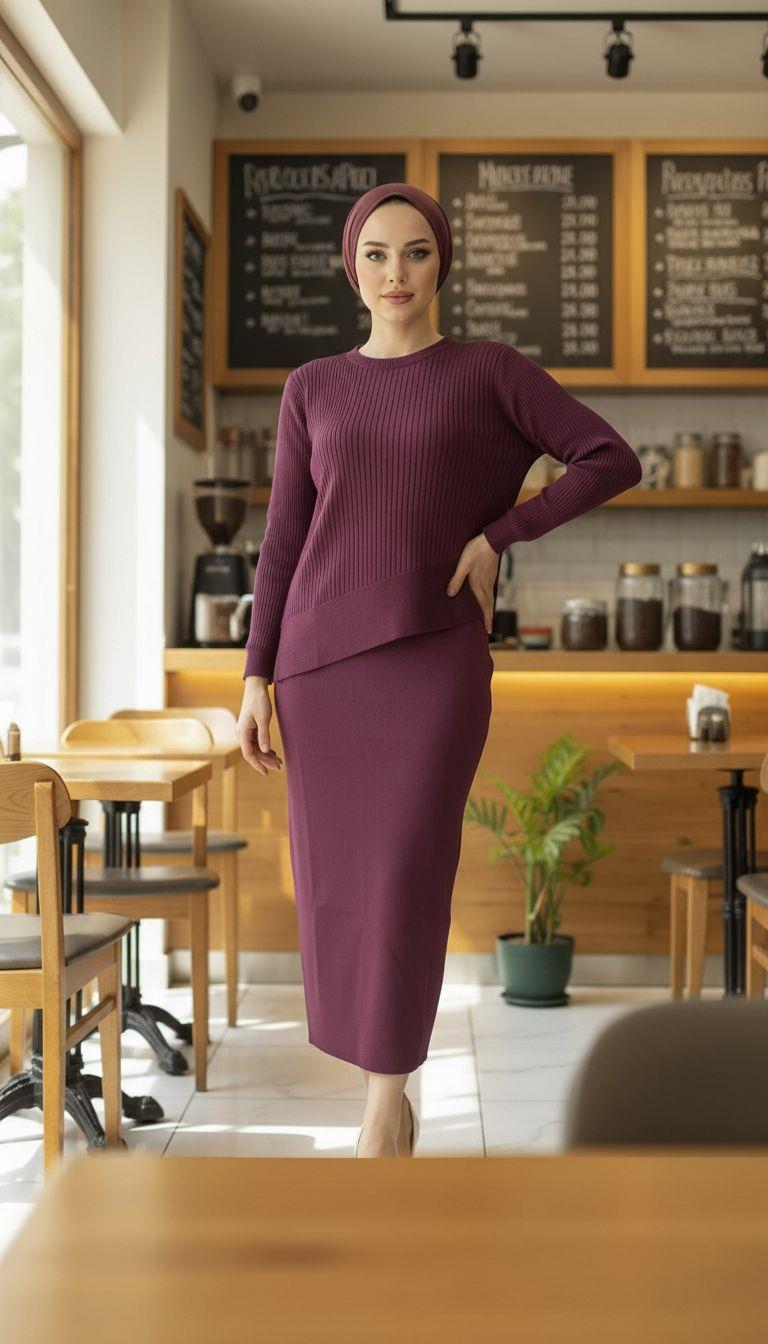 Armine TREND Asimetrik Kesim Çizgi Detaylı Etekli Takım Mürdüm 25YTD6119