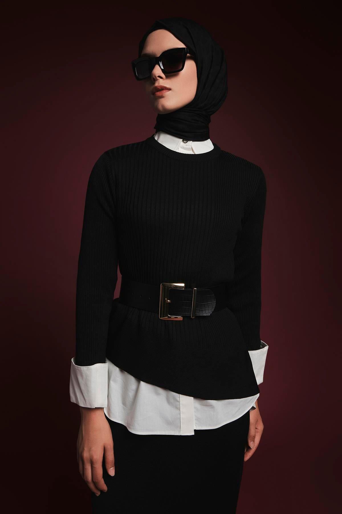 Armine TREND Asimetrik Kesim Çizgi Detaylı Etekli Takım Siyah 25YTD6119